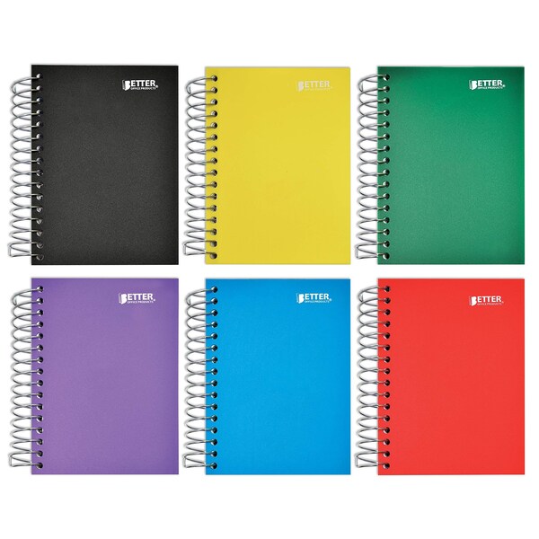 Better Office Products Spiral Notebook, Sm Fat Book, Plastic Cvrs, 5.5in. x 4in. College Rule, 200 Shts, Asst'd Colors, 6PK 25906 - main